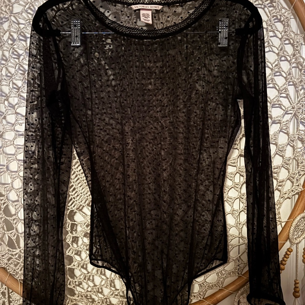Victoria's Secret Black Sheer‎ Dot-Texture Long Sleeve Bodysuit A00331